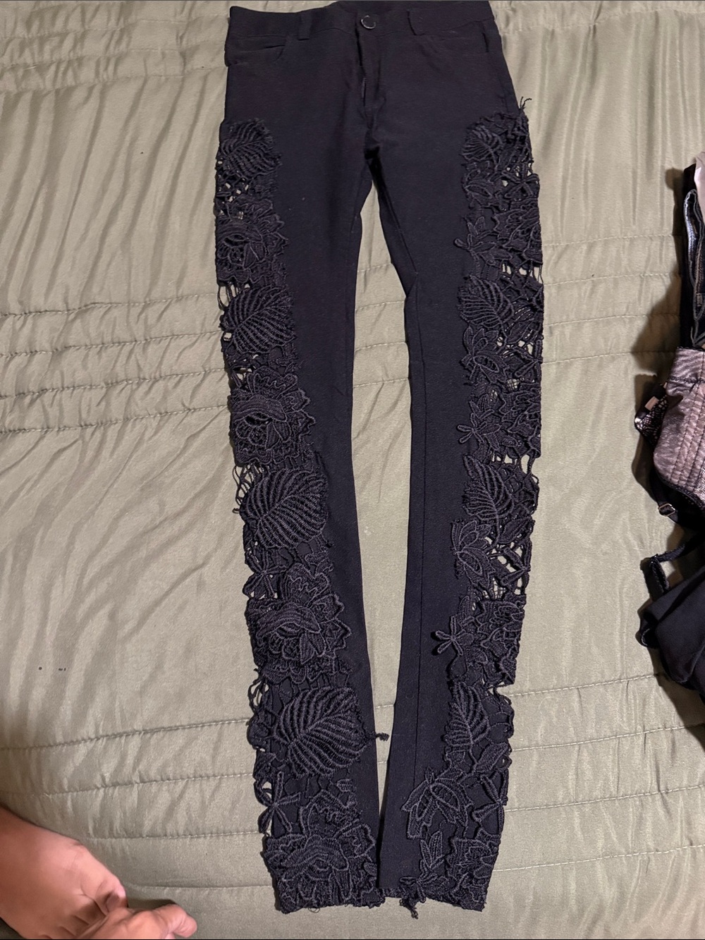 Black Skinny Pants with Floral Lace Side Panels
